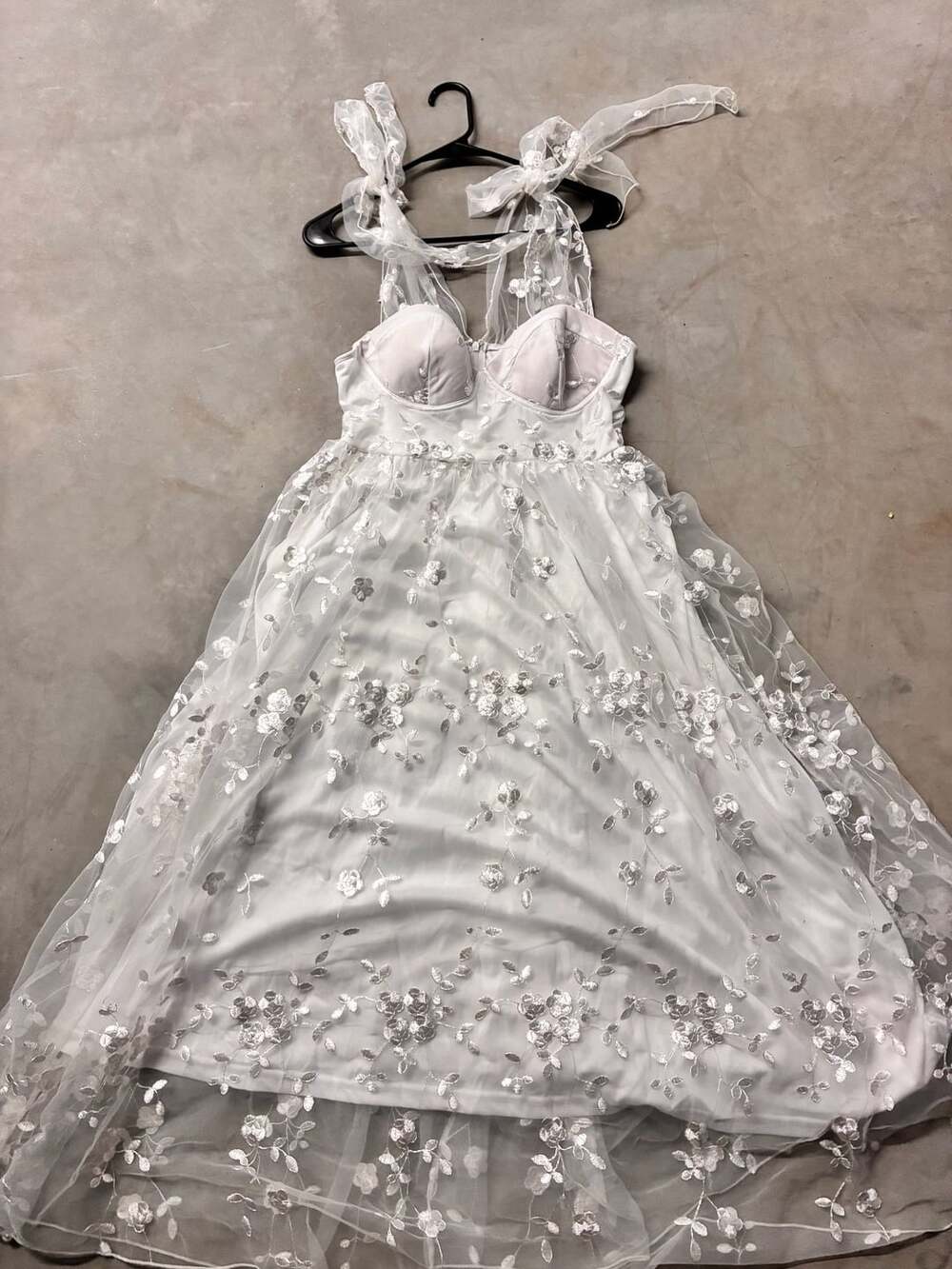 SHEIN Belle White Floral Embroidered Tulle Tie Shoulder Maxi Dress